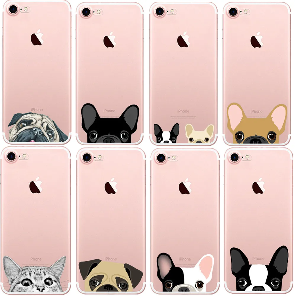 Cute Cartoon Animal Cat Dog BULLDOG Crystal Clear Soft TPU Phone Case For iPhone 7 7Plus 6 6s Plus 5 5S SE 8 8Plus X 10 Cover