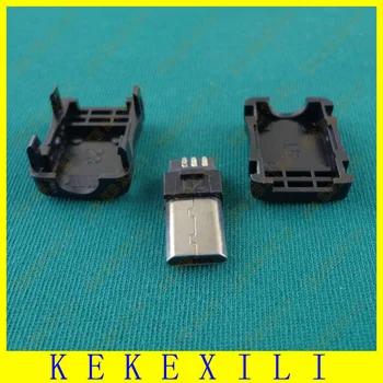 

100sets 3 in 1 DIY weldable Micro Male USB Long plug, Black color, weldable Long Micro USB male plug for apple style tongue 8mm