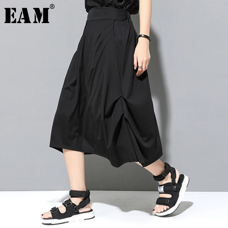 

[EAM] 2019 New Spring Summer High Elastic Waist Black Irregular Pleated Split Joint Half-body Skirt Women Fashion Tide JW06901M