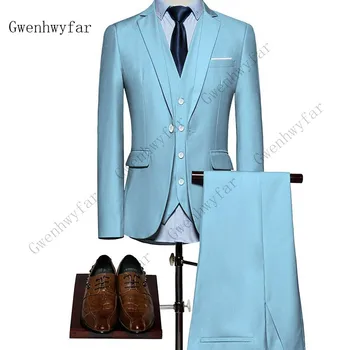 

Gwenhwyfar 2019 (Blazer+Pants+Vest) Classic Men Suit Slim Light Blue Wedding Groom Wear Men Suit Gentlemen Costume Mariage Homme