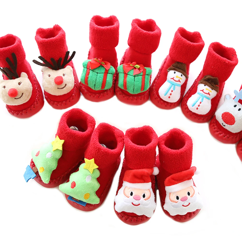 Милые рождественские носки для новорожденных мальчиков и девочек Нескользящие Детские носки-тапочки хлопковая детская картонная одежда с принтом