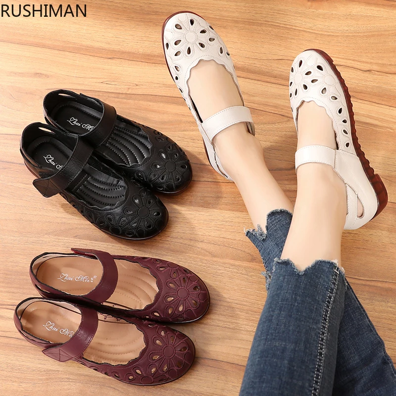 RUSHIMAN 2009 Spring Summer New Anti-slip Soft Bottom Hollow-out Baotou Leather Sandals for Middle-aged Old Mothers size 35-40 | Обувь