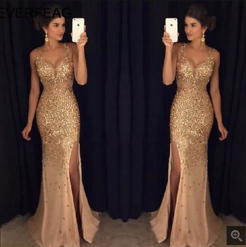 

Sexy Mermaid Prom Dresses Crystal V Neck Evening Party Gown 2019 Floor Length with Slit Vestido de Formatura Longo evening dress