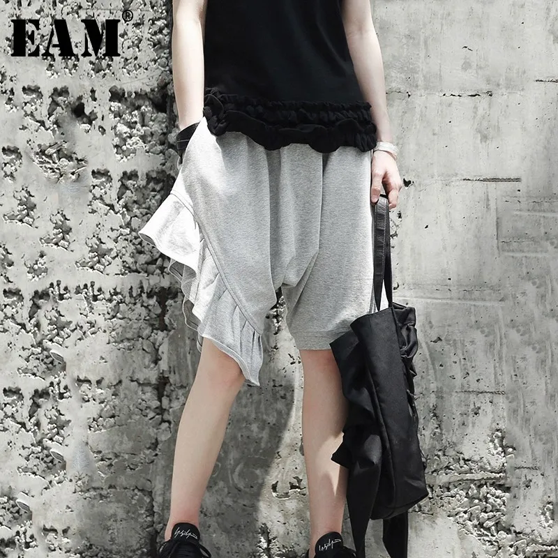 

[EAM] 2019 New Spring High Elastic Waist Black Ruffles Split Joint Loose Wide Leg Pants Women Trousers Fashion Tide JG333