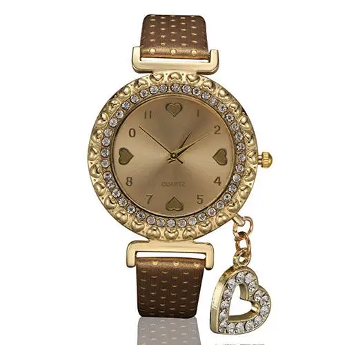 

Women Fashion Heart Pandent Faux Leather Crystal Dial Quartz Analog Wrist Watch Bracelet