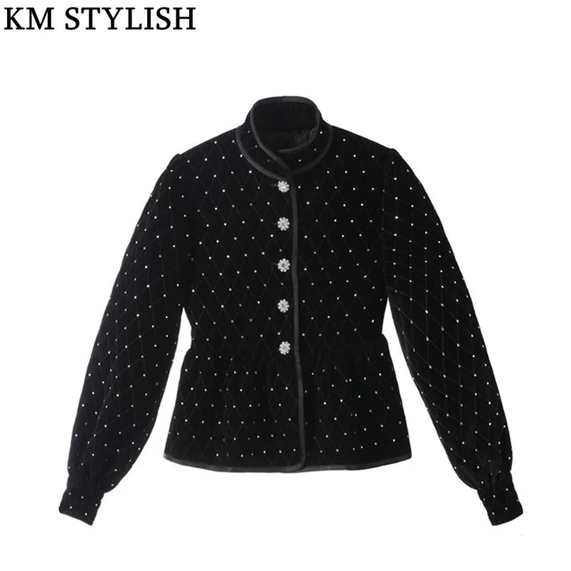 hiver 2018 Noir Manches Lanterne Sequin Sequin De Longues Plaid L'industrie Veste Velours Broderie Automne Femmes Nouveau diamond Lourde Diamant ZZfwTr5qc