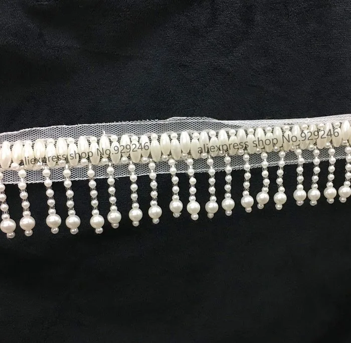 

1 meter/lot 5.5cm fake pearl fringe beaded lace with white mesh dangle garment trimmings for dancing dress clothing accessory