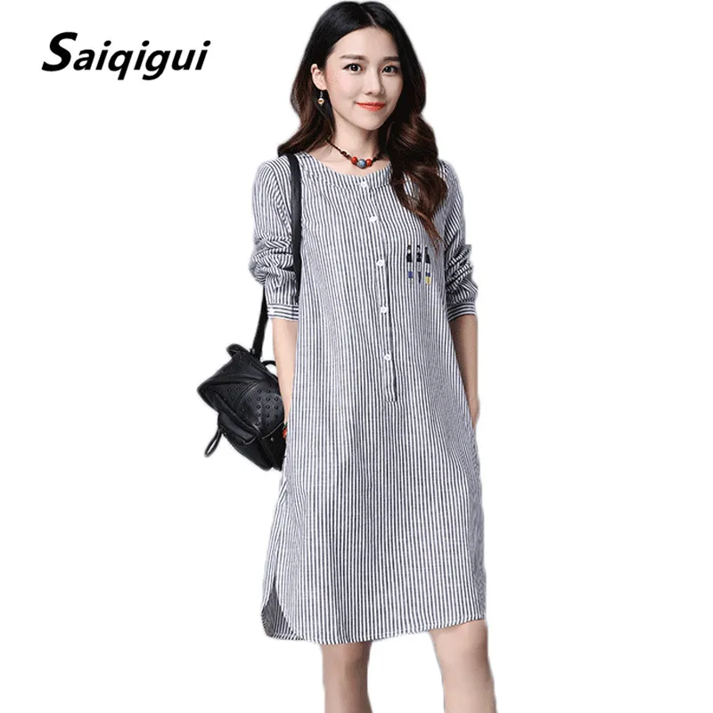 

Saiqigui Striped Dress 2019 Vestidos Women's Fashion Cotton Linen Spring Dresses Robe Casual Cartoon Print Blouse Shirt Dress