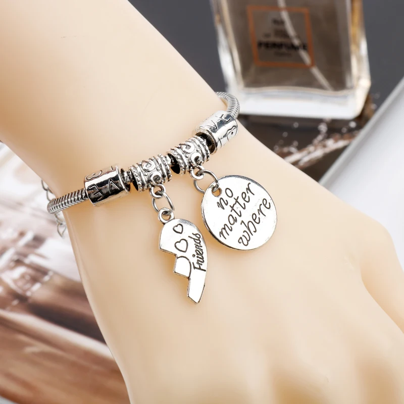 1 Pair No Matter Where Silver Bracelets for Women Girls Charm Jewelry Best Friends Friendship Bangle Couple Bracelet Lover Gift