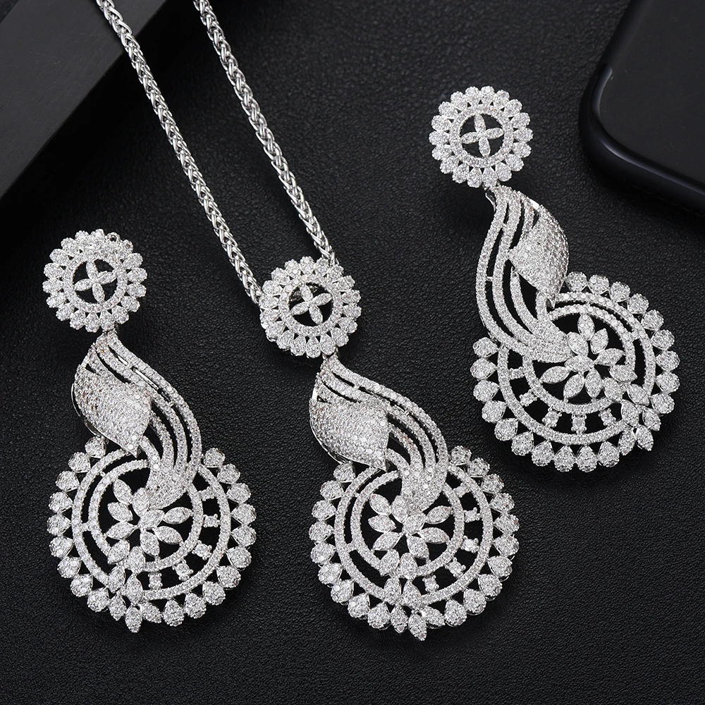 

GODKI Luxury Floral Flower Silver Necklace Earring Set For Women Wedding Naija Bridal Cubic Zircon Dubai Dress Jewelry Sets 2019