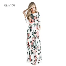 ELSVIOS 2017 Лето Boho Пляж Платье Мода Цветочный Печатные Женщины Длинное Платье Три Четверти рукав Свободные Платья Макси Vestidos