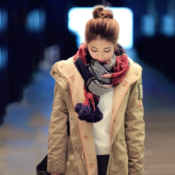 

Women Fashion Plaid Fluffy Balls Long Scarf Thicken Warm Comfortable Neck Wrap
