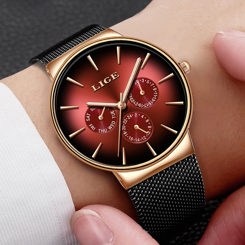 Lige New Fashion Mens Watches Top Brand Luxury Quartz Watch Men Mesh Steel Waterproof Ultra-Thin-4