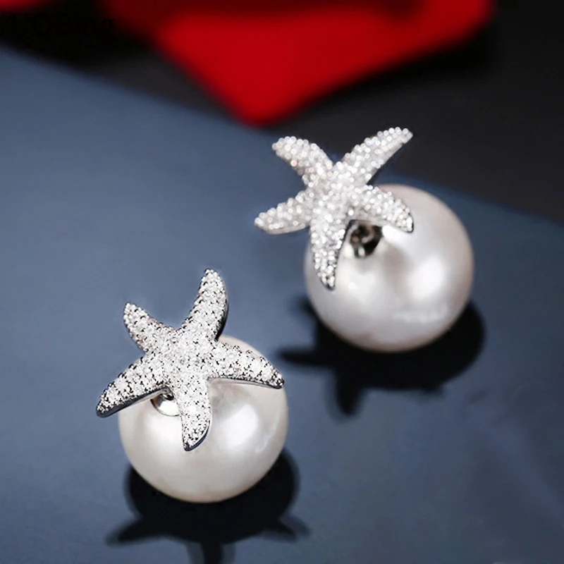 

Full Zirconia Crystal FishStar Stud Earrings With Pearl 925 Sterling Silver Stud Earrings For Women Jewelry Pendientes Brinco