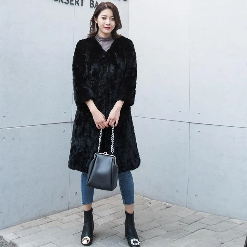 

New special offer ladies long rabbit fur coat pure fox fur collar shirt winter warm hooded jacket