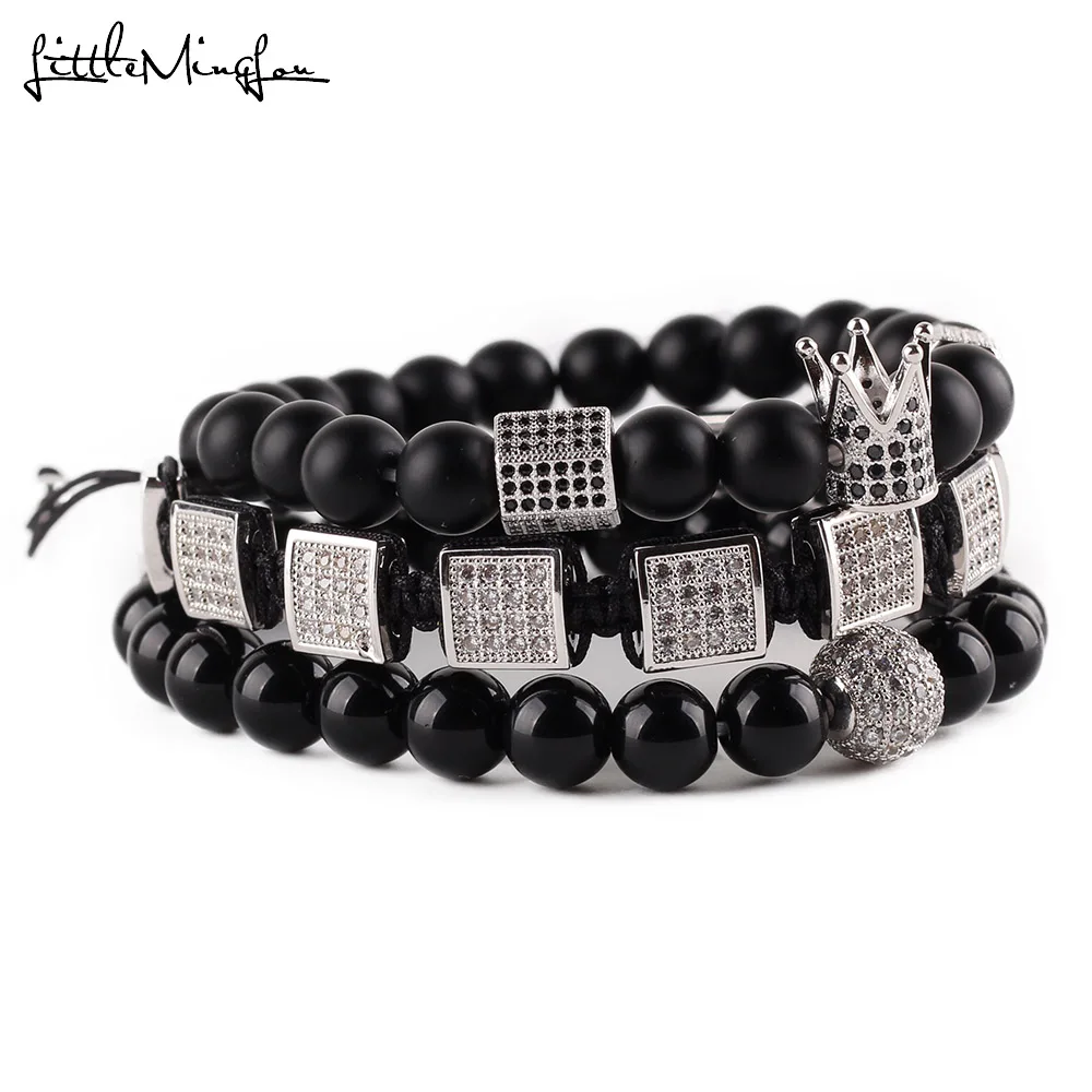 3pcs/set Natural Stone Beads Men Bracelet Set CZ Copper Square Braiding Hexagon Crown Ball Charms Bracelets & Bangles Jewelry