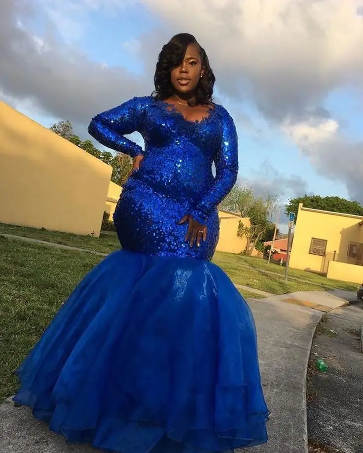 

Women Formal Gala Dress Plus Size Arabic Muslim Royal Blue Mermaid Long Sleeve Evening Prom Dresses Gown 2019