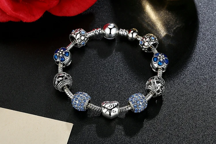 Women Silver Plated Charm Bracelet with Love Flower Beads Sadoun.com