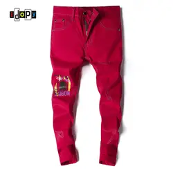 Idopy модные для мужчин Тощий Fit рваные джинсы с принтом стрейч джинсовые штаны мыть эластичные красные джинсы мотобрюки для