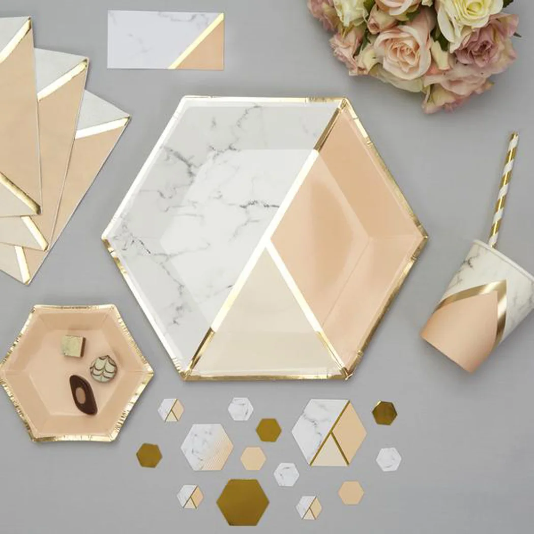 Новый шестиугольный нерегулярные пластины набор для вечеринки, дня рождения Одноразовая посуда бумага тарелка блюдо зеленый розовый