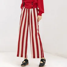 Frilled High Waist Striped Pants Women Fashion Clothing Elastic Waist Ladies Trousers 2018 Spring Autumn Casual Wide Leg Pants frilled tie waist plaid pants