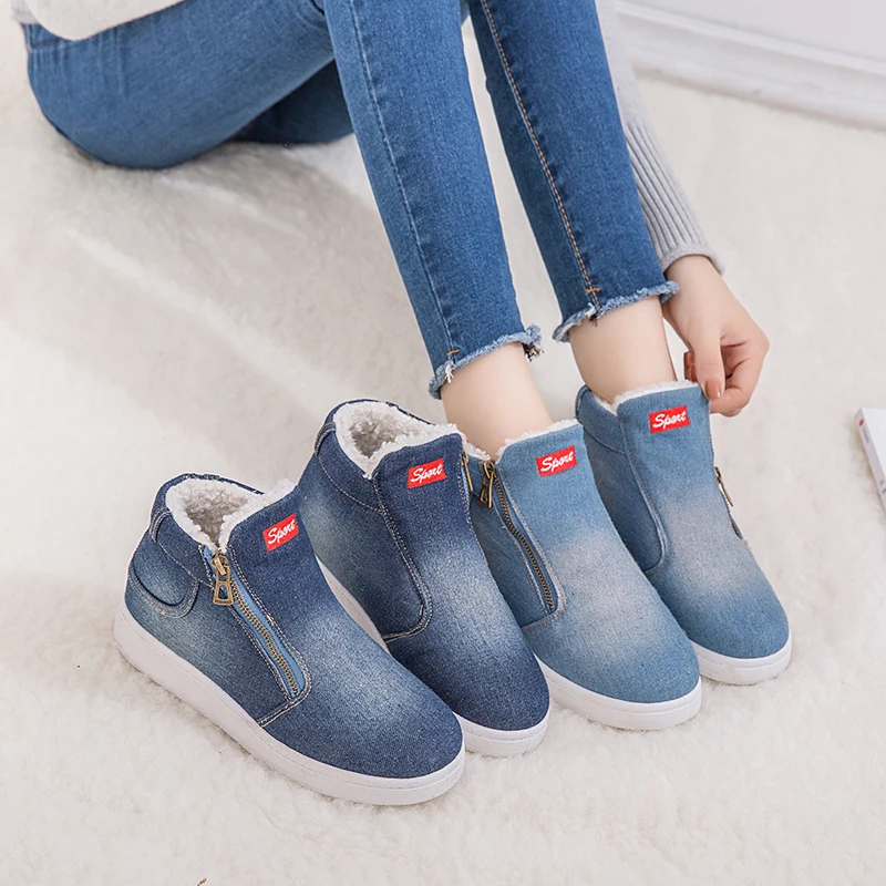 Goede 2018 Nieuwe Winter Schoenen Vrouwen Denim Enkellaars Klassieke Rits Snowboots Warm Pluche Verdikking Platte Laarzen voor Zapatos De mujer