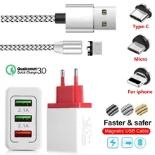 Для huawei Honor 20 10 9 8 7 Lite 8S 8C 8A 8X MAX 7S 7X 7A 7C Pro Quick Charge 3,0 USB зарядное устройство для iphone Магнитный зарядный кабель