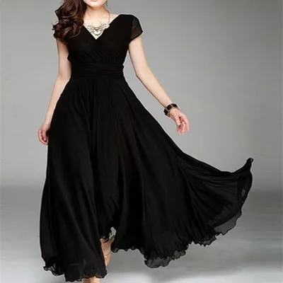 Богемное шифоновое платье с v-образным вырезом и короткими рукавами, приталенные платья - Цвет: black