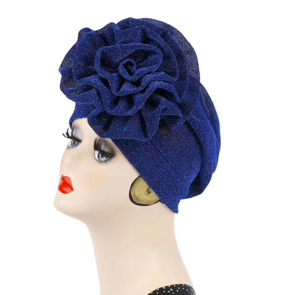 

2019 Women Bright Muslim Turban India Cap red purple colors Big Flower turban Wedding Party Hair Lose Head Wraps Accessories