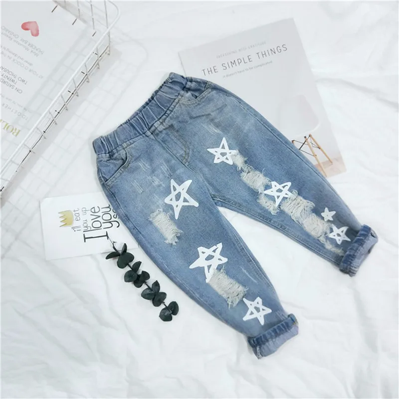  DFXD Baby Girls Boys Denim Pants 2018 High Quality Spring Five Star Print Ripped Loose Jeans Toddle