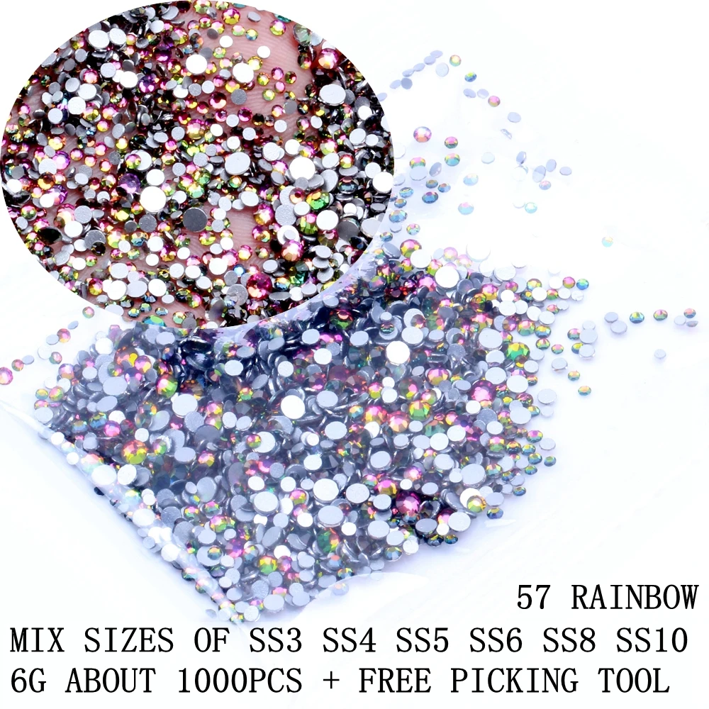 Стразы для ногтей, 6 г, 1000 шт., SS3-SS10, Кристальные, AB, с плоской задней поверхностью, Стразы для ногтей, 3D, для украшения ногтей, сделай сам, набор инструментов - Цвет: Rainbow Color Set