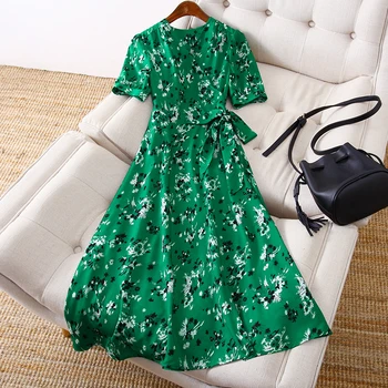 

Women floral summer dress kimono V-neck elegant midi dresses new 2019 spring short sleeve prairie chic green