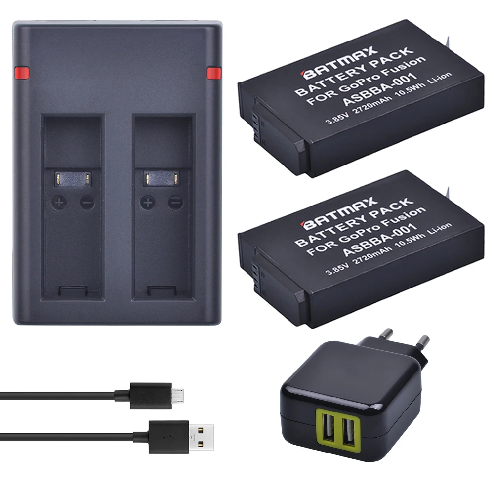 For 2Pcs 2720mAh GoPro Fusion Battery Accu +Dual USB Charger with Type