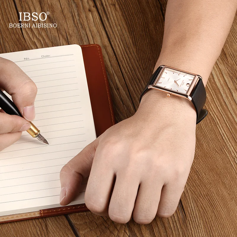IBSO 7 мм ультра тонкие прямоугольные деловые часы с циферблатом мужские черные из
