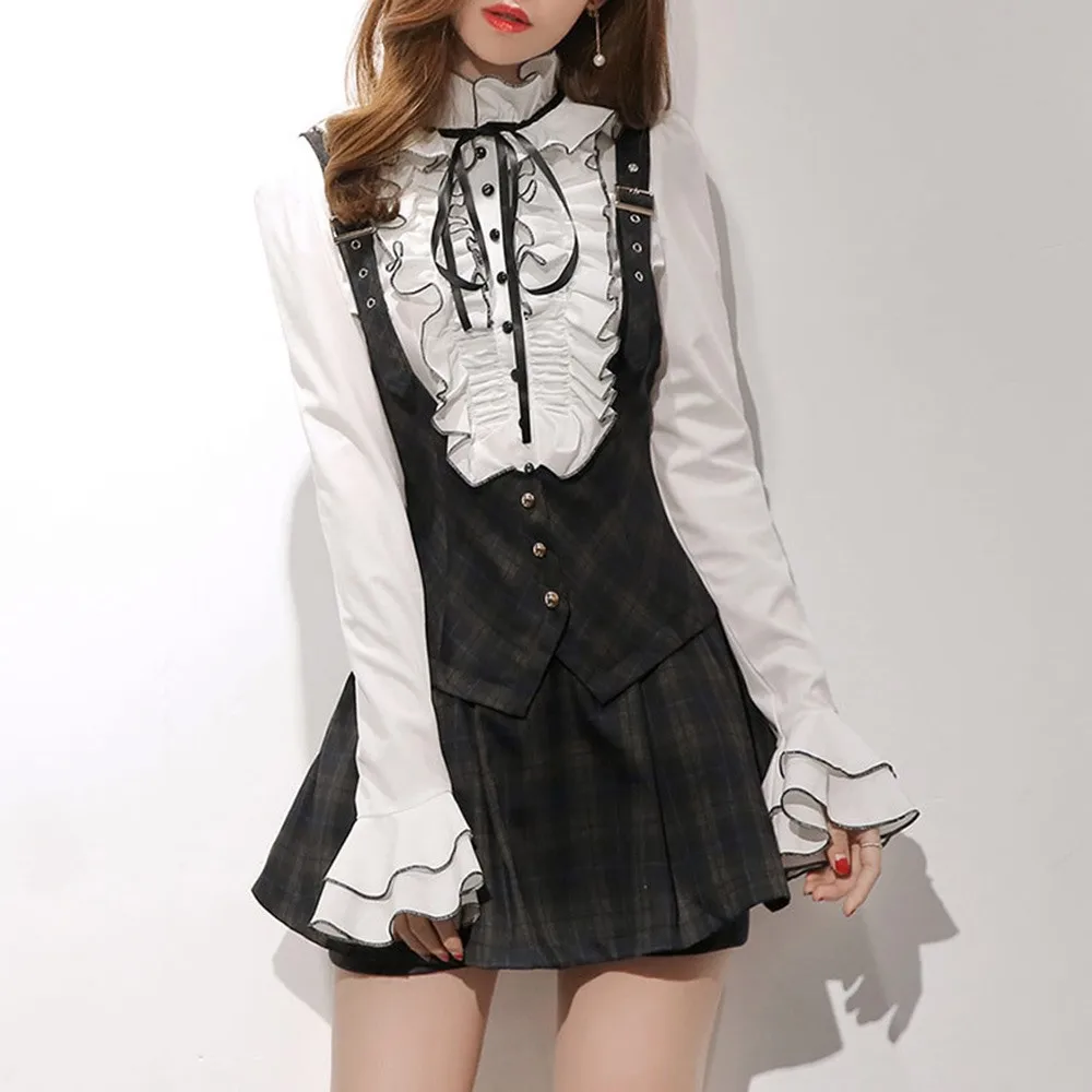 

2019 Fall Gothic Office Lady Preppy Style Fashion Women Blouses Slim Ruffle Sleeve Girl Elegant Female White Korean Style Shirts