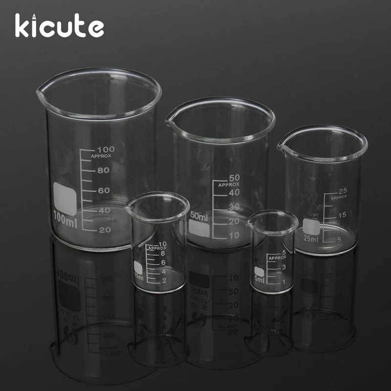 

Kicute One Set Glass Beaker Set Clear 5ml 10ml 25ml 50ml 100ml Glassware Borosilicate Glass Laboratory Educational Supplies