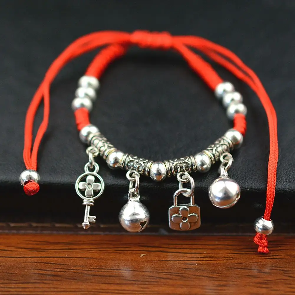 Женская мода, тонкая красная веревочная нить, очаровательные браслеты, крылья ангела, слона, браслеты на ногу - Окраска металла: Key