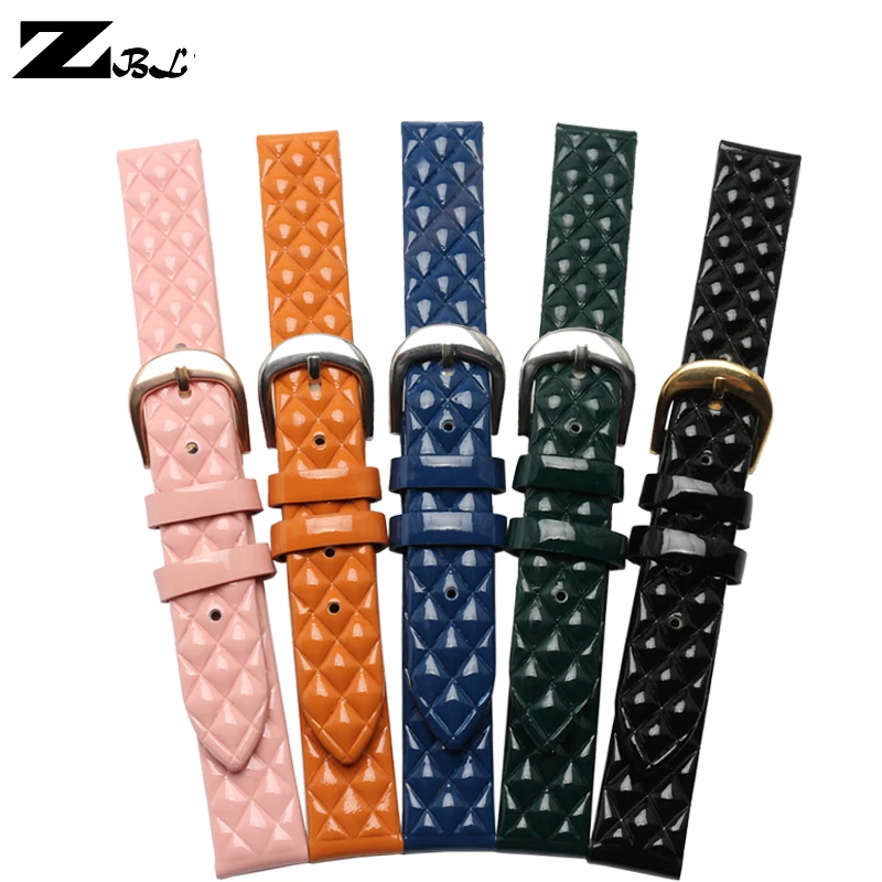 

Glossy leather Genuine strap 14mm 16mm leather rhomboids watchband pink orange watchband wristwatches womens pin buckle
