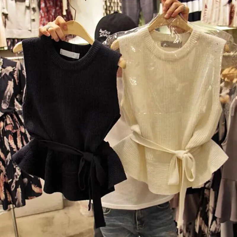 Korean Solid Knitted Ruffles Women Tanks Tops with Sashes 2018 New