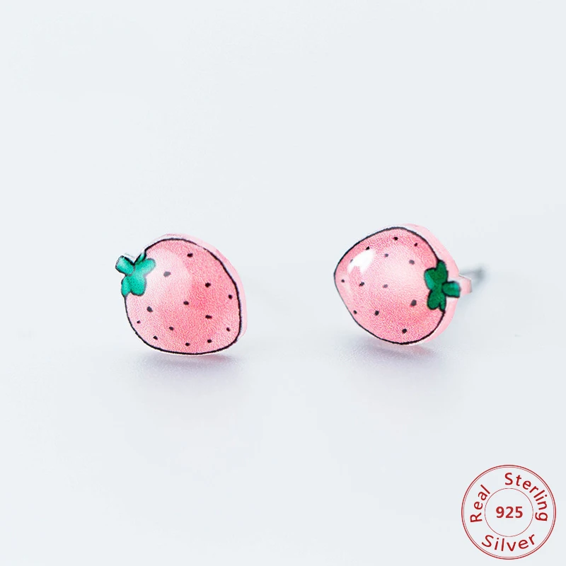 

Cute Pink 925 Sterling Silver Stud Earrings For Women Fashion Enamel Strawberry Earrings Sterling-silver-jewelry Gift