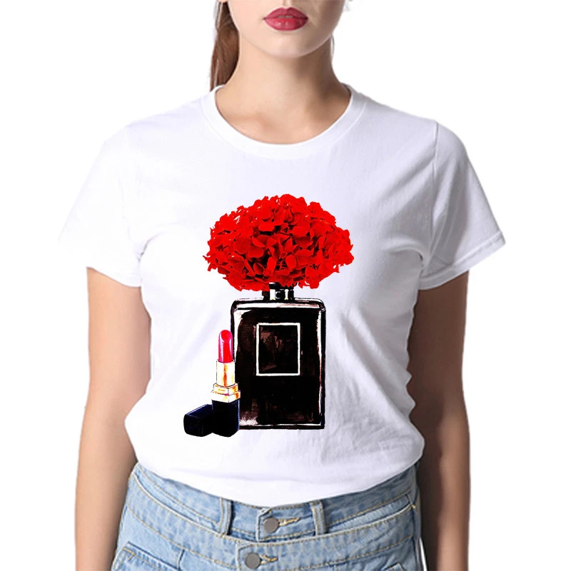 

Buy from factory direcly Women T Shirt Flower perfume Print Fashion female T-shirt harajuku Short Sleeve Tees Tops
