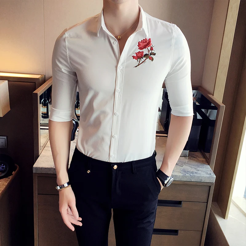 

Tuxedo Shirts Men New 2019 Luxury Rose Embroidery Dress Shirt Summer Chemise Homme Social Streetwear Hawaiian Shirt