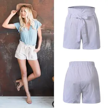 

New Women High Waist Shorts Summer Fashion Stripe Shorts Lace up Casual Shorts OL Shorts Hot Loose Beach