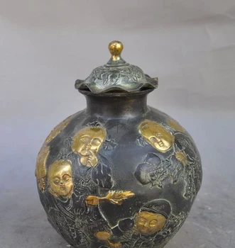 

7"chinese bronze gilt wealth Children Boy Lad girl lucky statue Tanks Crock Jar