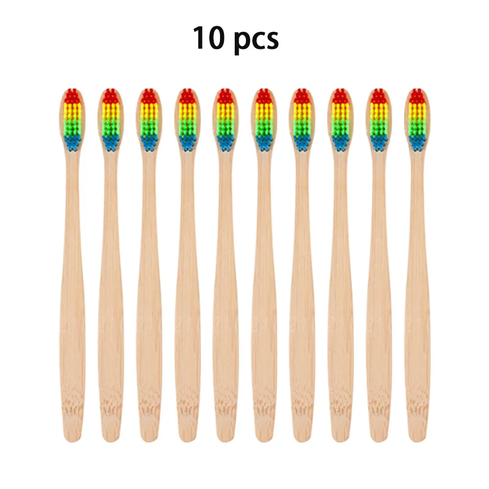 10 шт. Экологически чистая деревянная зубная щетка "Радуга" бамбуковая зубная щетка Бамбук волокна деревянная ручка зубная щетка отбеливающая Радуга - Цвет: Многоцветный