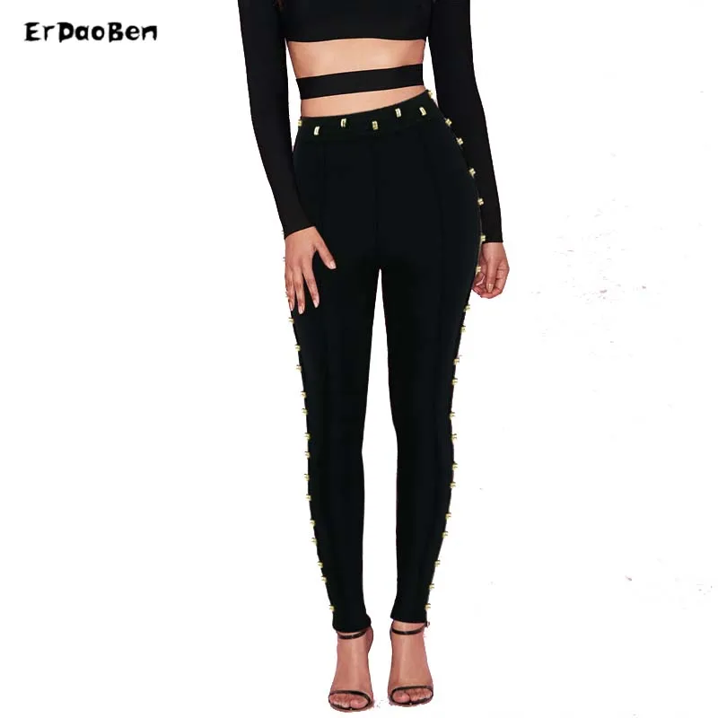 

ERDAOBEN fashon women's club sexy bandage pant rayon Luxe Metal Circle Lace Up Pencil pants H4334
