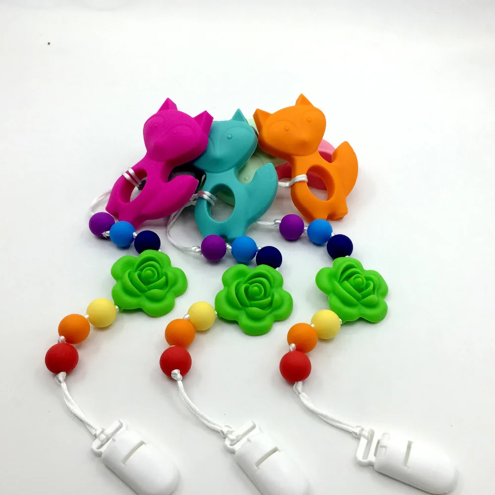 

New silicone Teething Pacifier Clip with large FOX pendant Rose chew beads baby chew necklace Nursing Flower necklace teether
