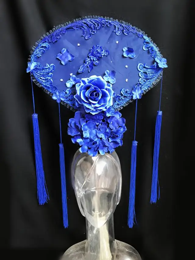 Китайский стиль синий и белый фарфор серии головной убор подиума тиара преувеличенный головной убор Хэллоуин головной убор для маскарада