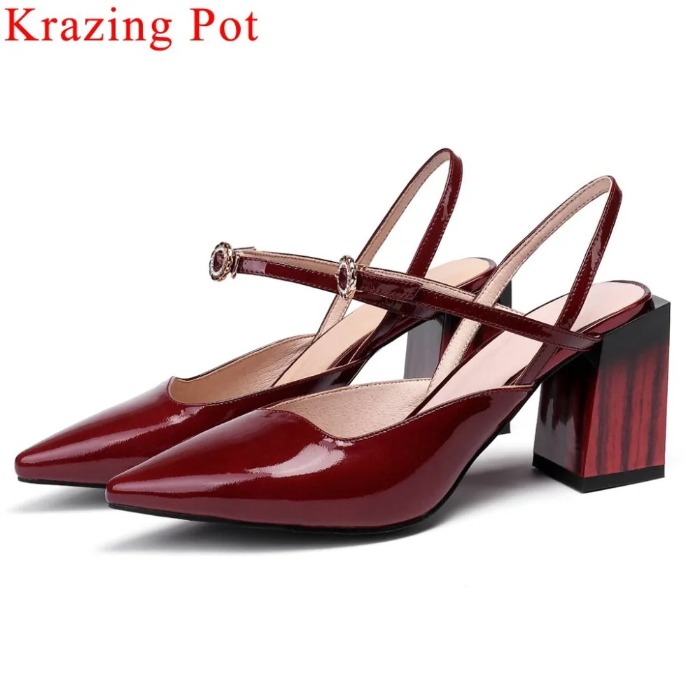 

Krazing Pot high fashion cow leather thick high heels buckle strap pointed toe slingback women pumps plus size dress shoes L0f4