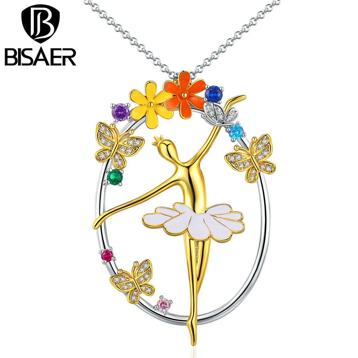 

BISAER Fashion Cooper Infinity Golden Dancing Ballet Queen In Colorful Wreath Pendant Necklace Luxury Jewelry For Women HNN090